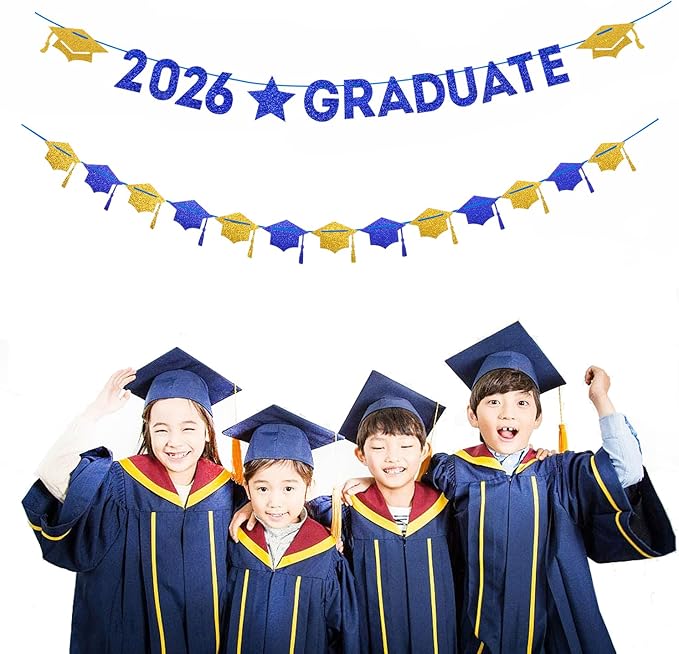 Navy-Blue White-Gold Party-Decoration Graduation Banner - 8pcs Kits Cap Garland Streamers, Paper Tissue Pom Poms Flowers, 2025 Craduate Banner Congratulations Grad Decor Lasting Surprise