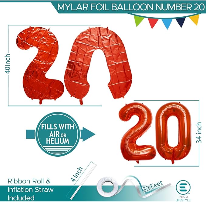 40 Inch Large Red Number Celebration and Decoration Balloon for Birthday Parties, Graduations, Anniversaries, Weddings, Photo Shoots, Special Events - Helium Foil Mylar (Red Number 20)