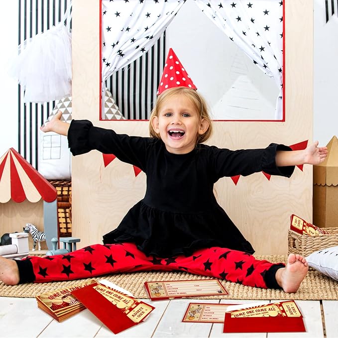 Fuutreo 50 Pcs Circus Party Invitations with Envelopes Vintage Carnival Birthday Invitations Double-sided Fill in Invites for Theme Birthday Party 25 Ticket 25 Envelopes