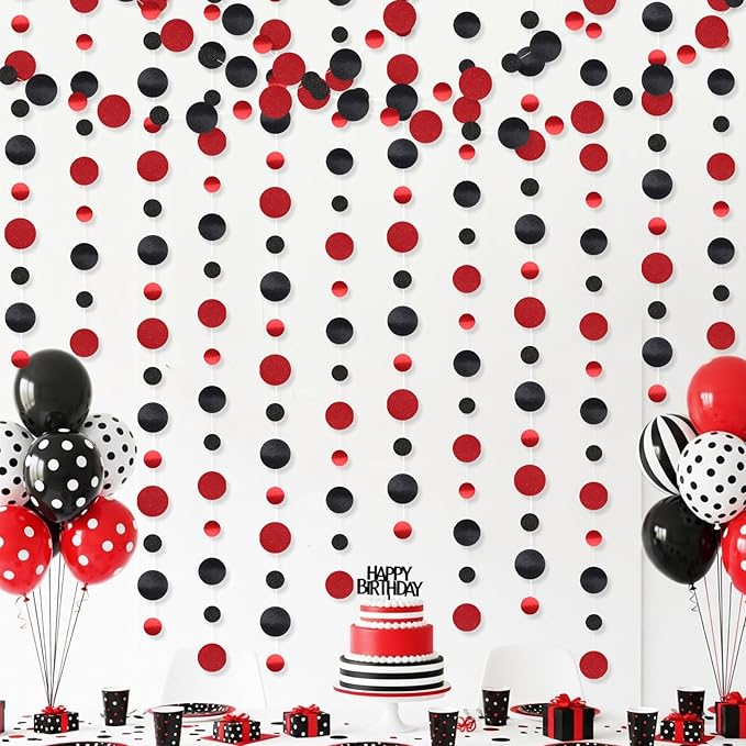 Outus 10 Pieces Black,Red Round Dots Garland Easter Graduation Party Hanging Decor Each Length 13.1ft Glitter Paper Dot Streamers for Birthday Wedding Classroom