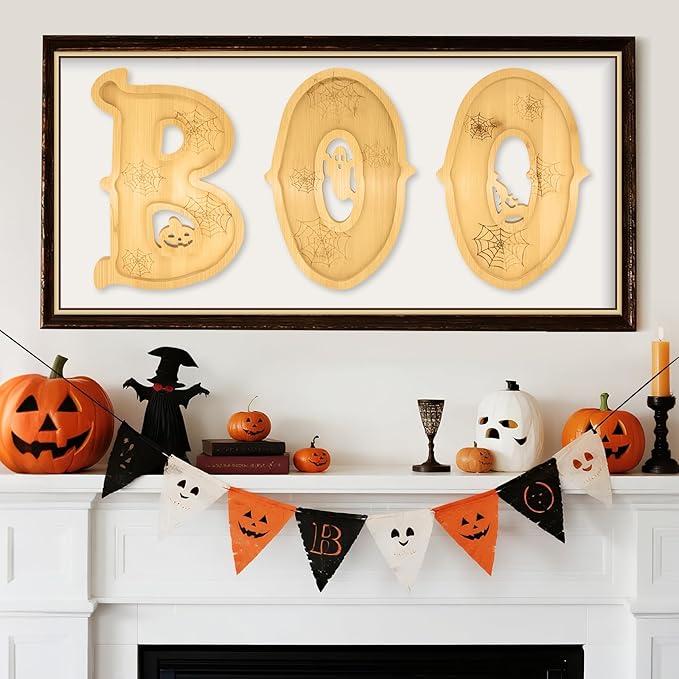 3PCS Wooden Halloween Charcuterie Board Set - Boo Letters (with 14 Balloons) - Halloween Party Table Decoration & Food Tray Platter