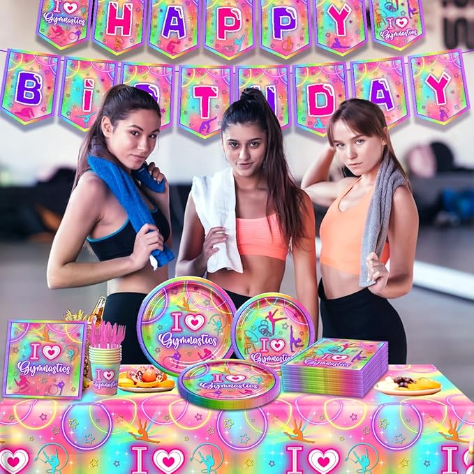 Gymnastics Party Decorations,142pcs Gymnastics Tableware Set I Love Gymnastics Plates Cups Neon Glow Gymnast Table Covers Happy Birthday Banner for Gym Theme Birthday Party Baby Shower