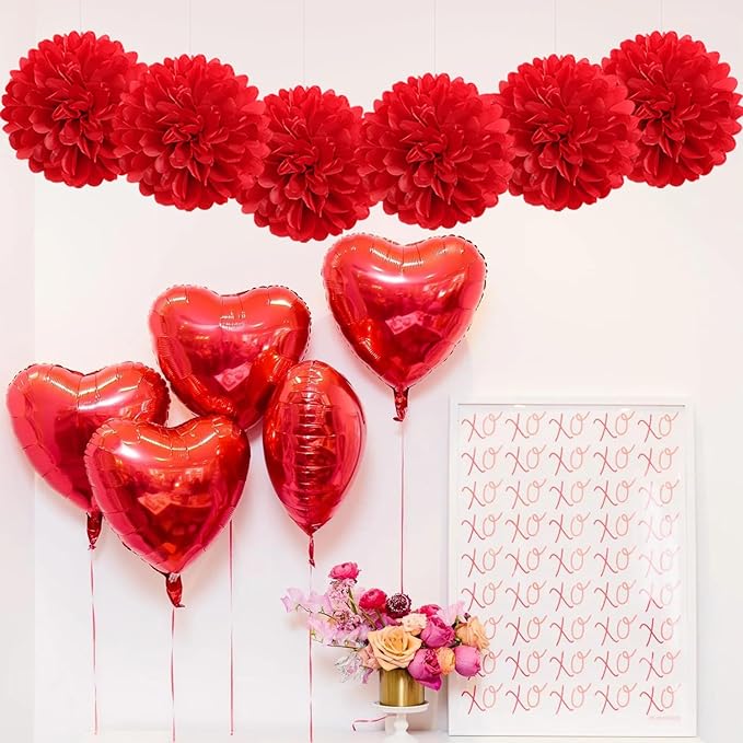 Red Valentines Day Paper Flowers Tissue Pom Poms Hearts Honeycomb Lanterns 15pcs Galentines Party Decorations Anniversary Love Birthday Wedding Baby Shower Hanging Supplies Mprocherify