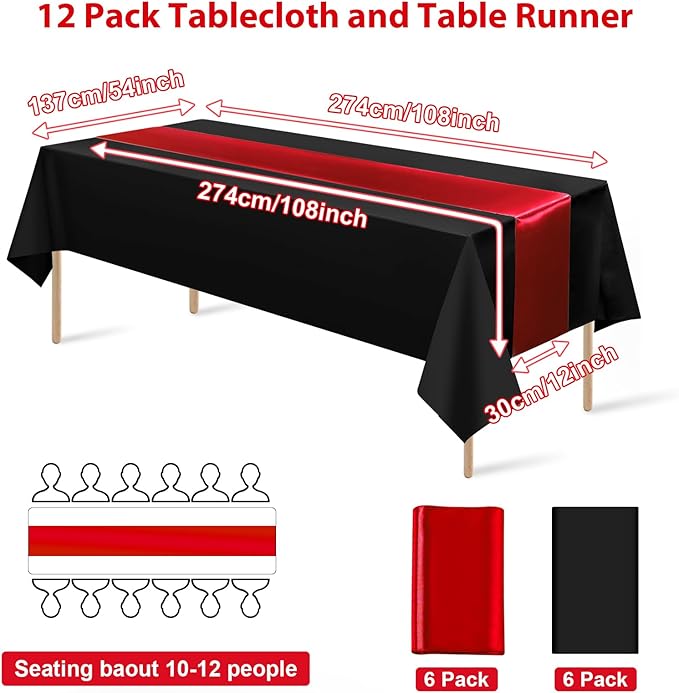 12Pack 12x108 Inch Satin Table Runner and 54x108Inch Plastic Tablecloths Set Black and Red Disposable Rectangle Table Cover for Graduation Wedding Bridal Shower Anniversary Birthday Party Decorations