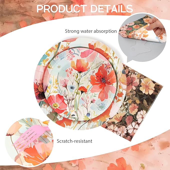 80pcs Floral Party Plates Disposable Tableware Set Orange Flower Paper Plates for 20 Guests Kids Party Picnic Wedding Tea Party Table Supplies (Include Plates, Cups and Napkins)