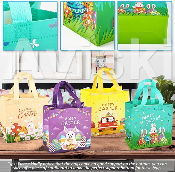 24PCS Happy Easter Egg Hunt Bags, Assorted Sizes Easter Bunny Carrot Chick Egg Gift Bags with Handles, Easter Treat Bags, Multifunctional Non-Woven Easter Bags for Gifts Wrapping, Egg Hunt Game,