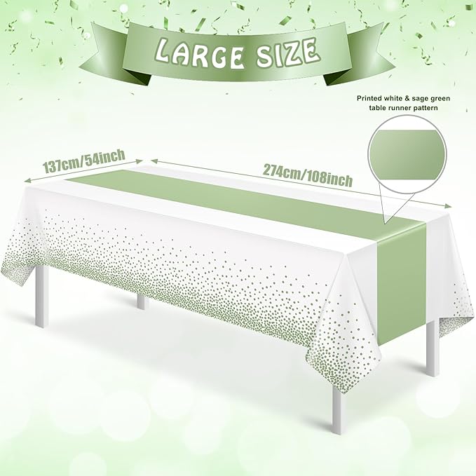 6Pcs White and Sage Green Tablecloth Decorations,Plastic White Table Cloth Printed Green Table Runner Disposable Rectangle Table Cover for Birthday Wedding Anniversary Graduation Party,54 x108 Inch