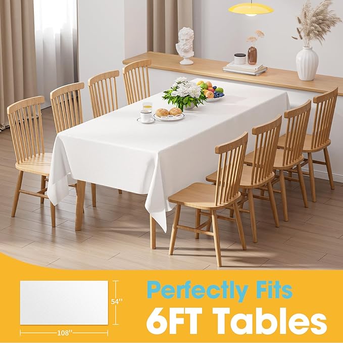 White Plastic Table Cloth - 8 Pack 54" × 108" Rectangle Disposable Tablecloths for 6FT Tables, Table Cover for Party, Holiday & Gathering Use