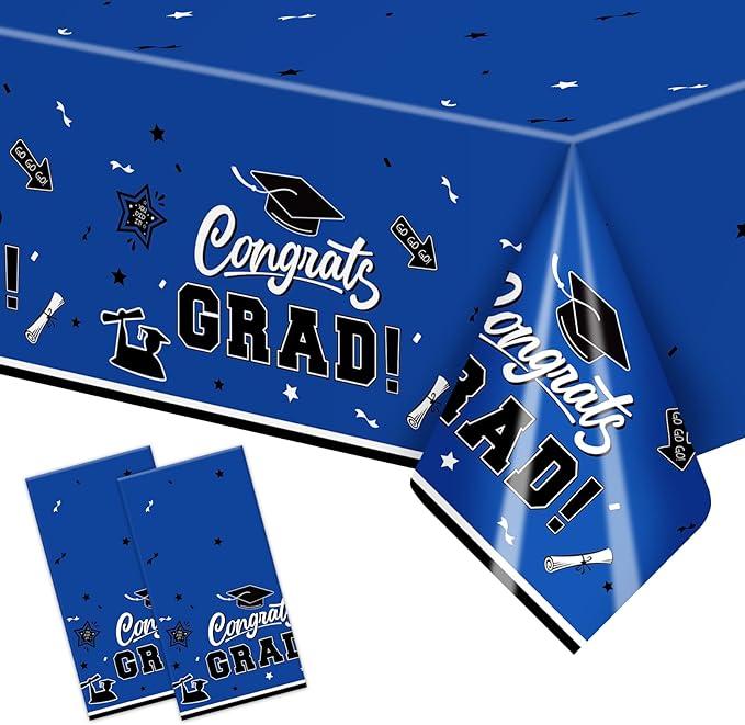 2-Piece 54 x 108 Inch Graduation Plastic Tablecloth – Graduation Disposable Rectangle Table Covers with “Congrats Grad” Design for Class of 2026 Party, School and Home Decorations