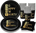 Whaline 96Pcs 30th Birthday Party Supplies Kit Black Gold Paper Tableware Plate Napkin Cup So Happy I'm Thirty Disposable Dinnerware Set for 24 Guests Party Table Decor