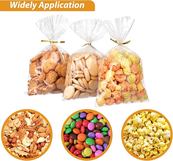 RICEDUO 100-Pack Cellophane Treat Bags with Twist Ties - 5x7 Inch Clear Party Favor Bags for Candy, Cookies, Birthday Goodies, Baby Showers & Holiday Gift Wrapping