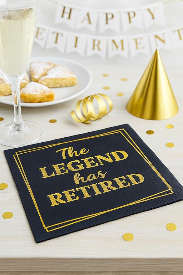 100‑Pack ‘The Legend Has Retired’ Black & Gold Napkins – 2‑Ply Cocktail, Lunch & Dinner Party Napkins – Elegant, Disposable Retirement Party Decoration – 6.5″ x 6.5″ Folded (Large, 100, Count)