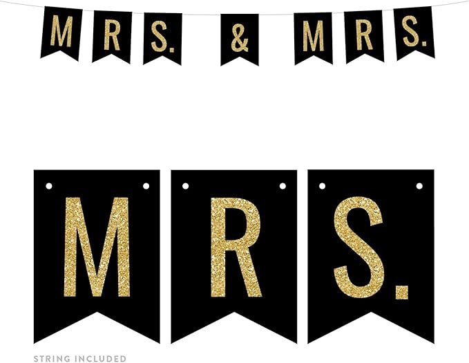 Andaz Press Faux Gold Glitter on Black Lesbian Wedding Party Banner Decorations, Mrs. & Mrs., Approx 5-Feet, 1-Set, Colored Hanging Pennant Decor