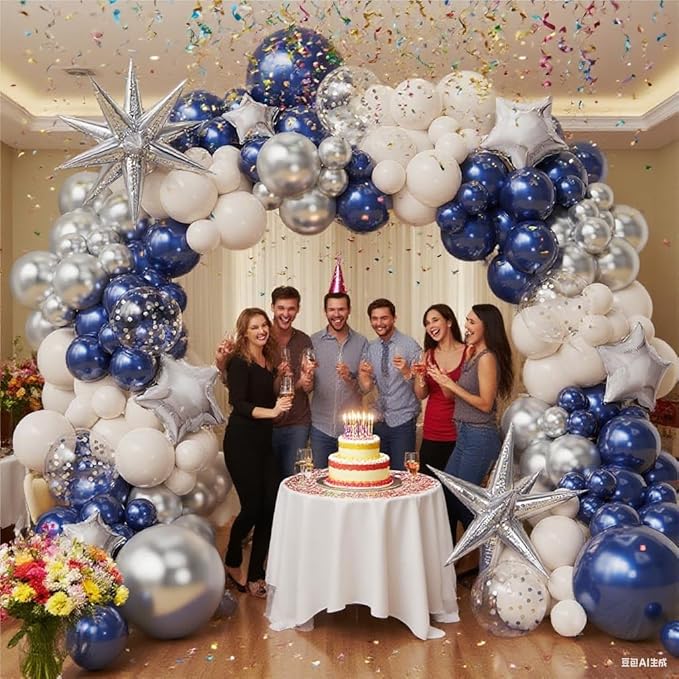 Navy Blue Sliver Sand white Balloon Garland Arch Kit, Royal Blue White Metallic Sliver Confetti Mixed Sizes Balloons for Anniversary Baby Shower Wedding Birthday Party Decorations