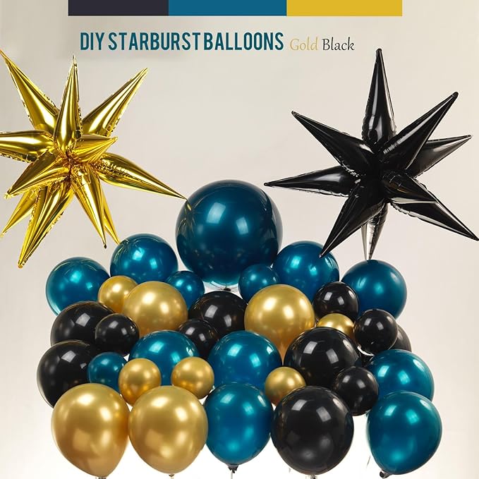 Chrome dark Teal and gold black Balloon Garland Kit 170Pcs Double-Stuffed Navy Teal Blue With Starburst Balloons for Birthday Luxury shop happy grad eve decorations 2025