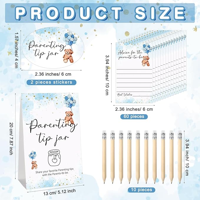 Roowest Baby Shower to Baby Advice Cards for New Parents to Be - Tip Jar Sign for New Parents 60 Parenting Advice Cards 10 HB Pencils 2 Cute Stickers 1 Pet Bottle for Guests Games(Blue Bear)