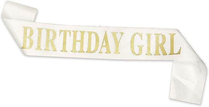 Birthday Sash for Girls White Satin Birthday Girl Sash with Gold Glitter Lettering Party Favors, Supplies and Decorations