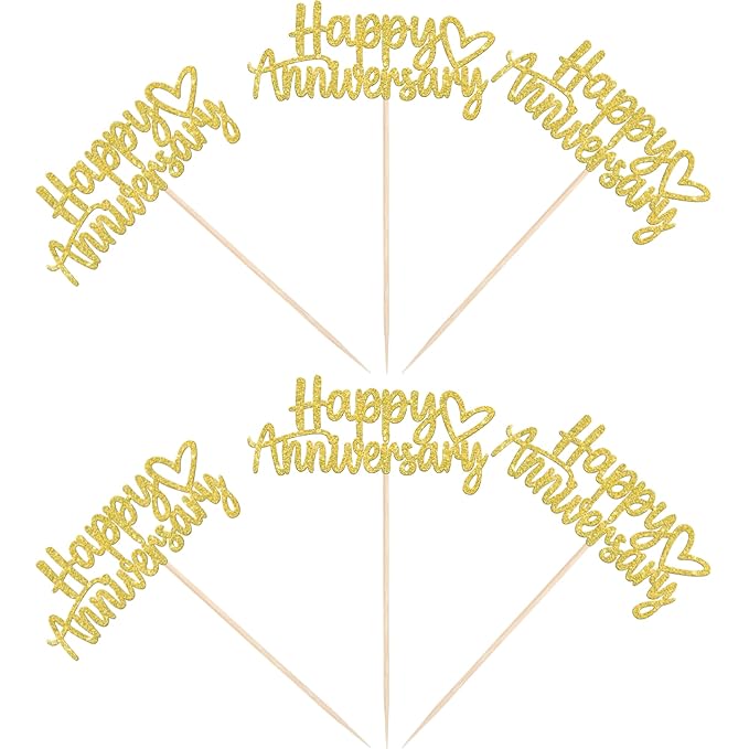 24 PCS Happy Anniversary Cupcake Toppers Glitter Wedding Anniversary Cupcake Picks Baby Shower Birthday Wedding Anniversary Party Cake Decorations Supplies Gold