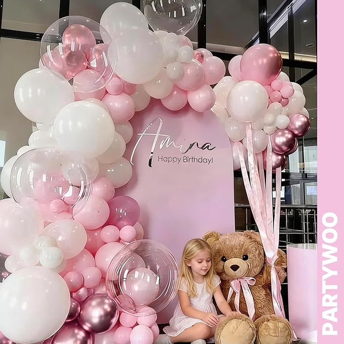 PartyWoo Baby Pink Balloon Arch Kit Garland 152pcs Different Sizes of 18 12 10 5 Inch White Light Pastel Pale Metallic Pink Confetti Balloons for Baby Shower Princess Birthday Party Decorations