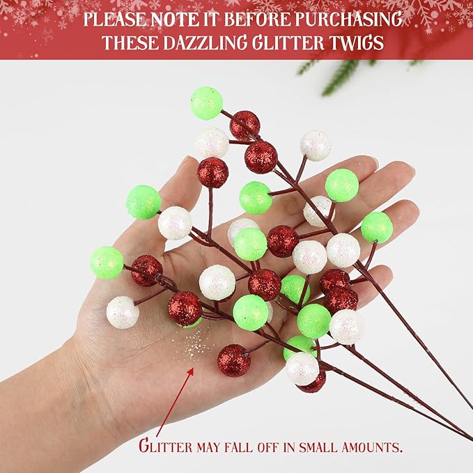 HOHOTIME 24 Pack Artificial Berry Stems Branches, Christmas Faux Red Fluorescent Green White Holly Colorful Berries Branch Ornaments for Christmas Tree Wreath DIY Craft Decorations Holiday Home Decor