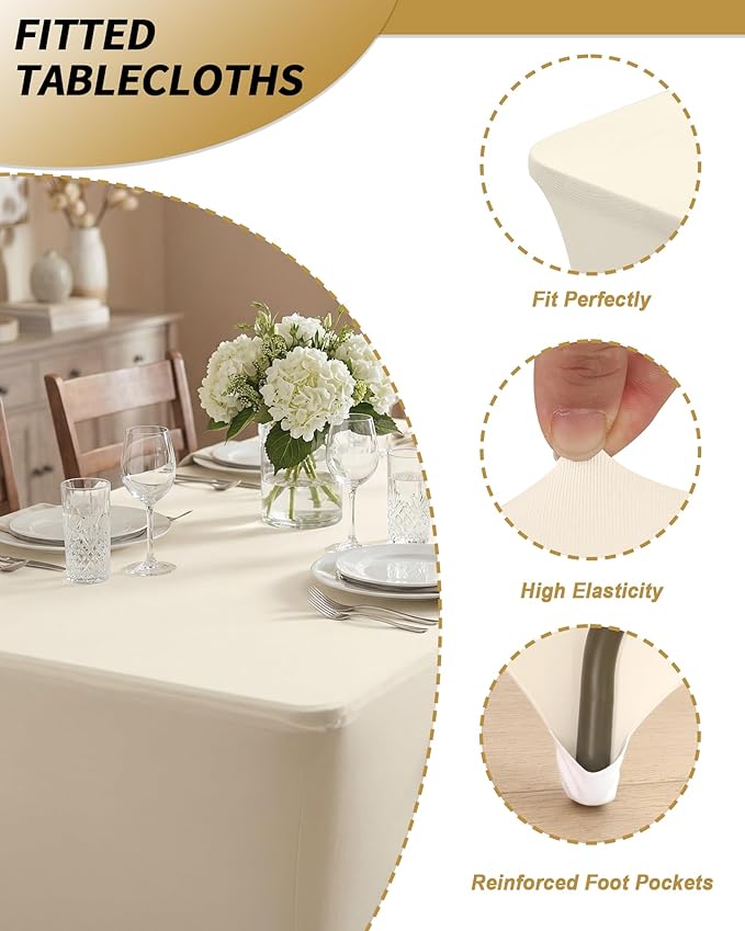 Fixwal 3 Pack Ivory Table Cloths Rectangle 6FT, Tablecloths Rectangular Stretch Spandex Fitted Table Covers 6ft for Parties, Trade Shows, Banquet, Weddings, Buffet, Graduation