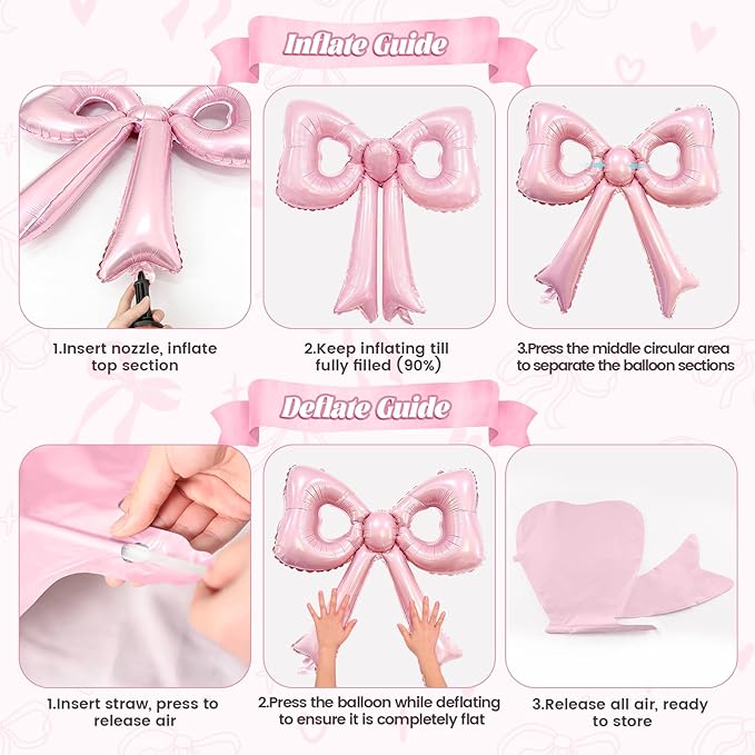 Pink and Cream Heart Balloons, 38 Inch Bow Balloons, White Metallic Pink Confetti Balloon with Bow Ribbons for Girls Women Birthday Wedding Bridal Baby Shower Valentines Day Decorations