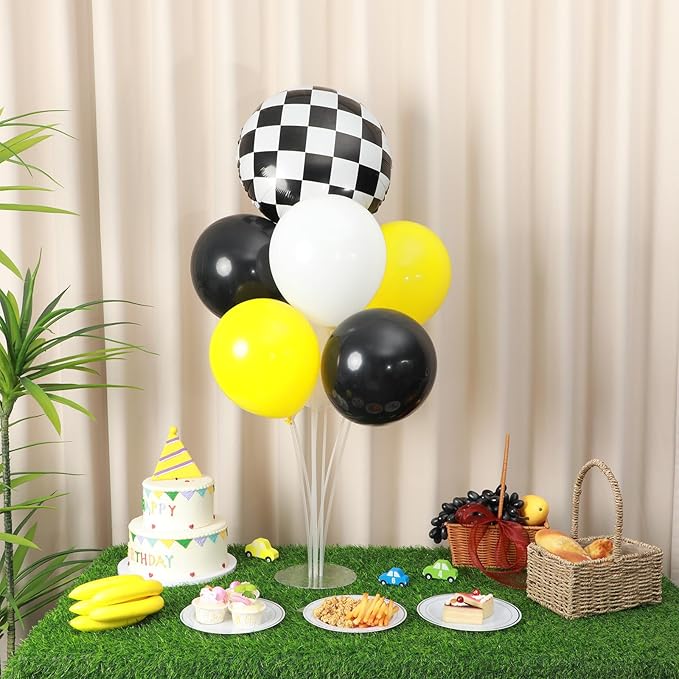 Smile Party Balloons Stand Kit 2 Sets with 2 Black White Checkered Foil Balloons Happy Face Themed Party Balloon Centerpiece for Tables for Baby Birthday Party Yellow Smile Face Themed Decorations
