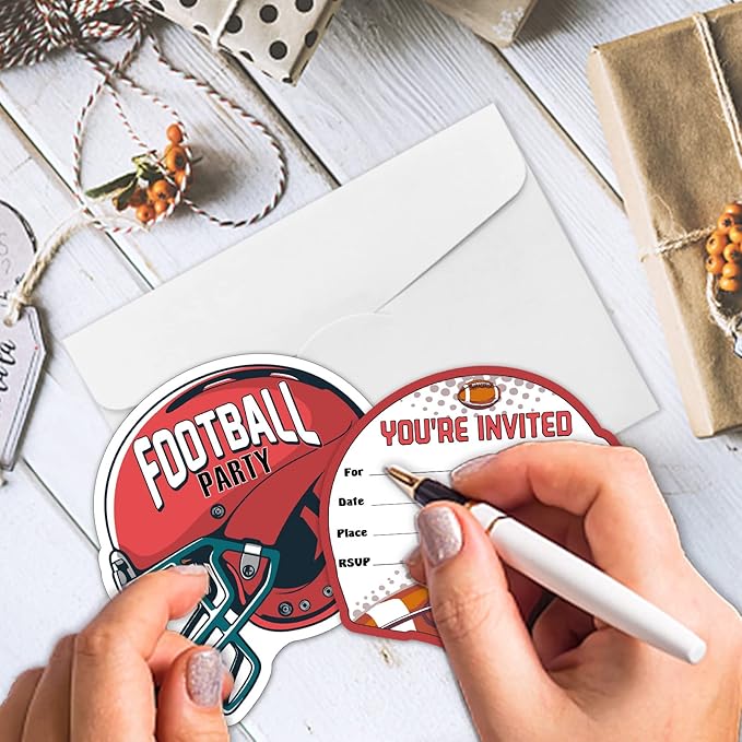 REWIDPARTY Football Party Invitations - Helmet Shaped Fill-in Invitations (Set of 15) with Envelopes & Stickers - Football Sport Party Supplies for Kids