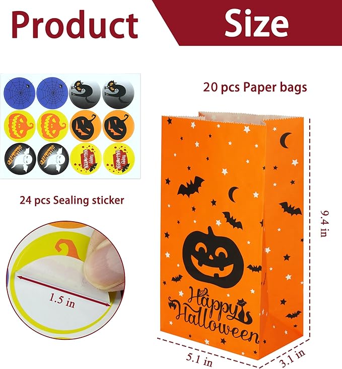 Artseen 20 pcs Paper Bags Party Favors Bags Goody Bag for Kids Party (5.1 X 3.1 X 9.4 inches). (Halloween Set)