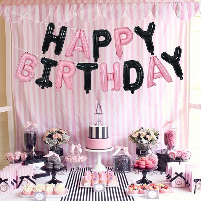 TONIFUL Happy Birthday Balloons Banner 16 Inch Mylar Foil Letters Birthday Sign Reusable for Girls Boys Kids & Adults Birthday Party Decorations Supplies（Black Pink）
