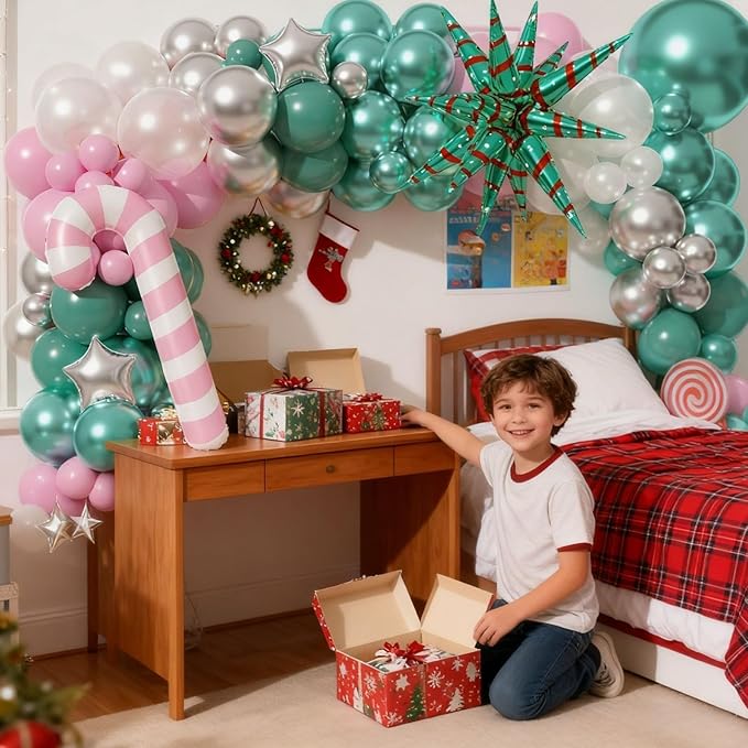 Christmas Balloon Arch Kit, Pink Green Metallic Silver Pearl Balloons with Star Foil, Pink Candy Cane, Green Candy Balloons for Birthday Party Decorations Baby Shower Backdrop