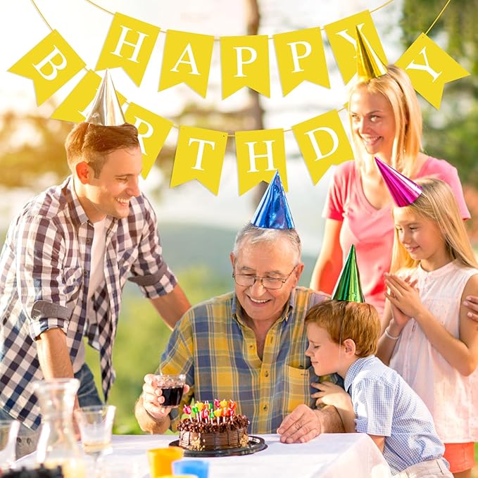 Yellow Happy Birthday Banner Sign for Backdrop Yellow Themed Birthday Party Decorations for Boys Girls Kids Party Banner Garland Bunting Flag Tea Party Supplies Wall Decor Yard Decorations