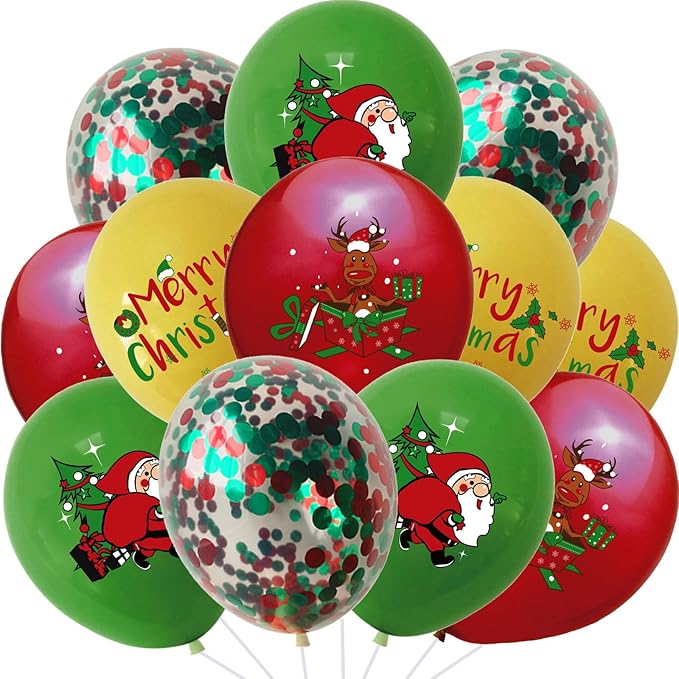 Christmas latex Balloons Merry Christmas Reindeer Santa Claus Red Green Confetti Balloons for Xmas New Year Theme Birthday Party Supplies 12Pcs
