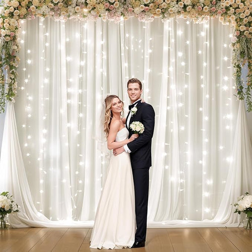 10ft x 10ft White Chiffon Backdrop Curtain with Lights String for Parties,2 Panels Sheer Tulle Curtain Wedding Backdrop with Lights for Baby Shower Birthday Party Ceremony Reception Home Decorations