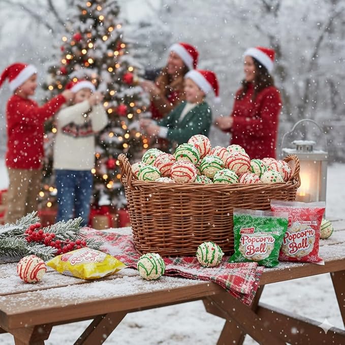 Fun Express Christmas Popcorn Ball Snack Packs - 18 Individual Bags of Sweet Holiday Treats | Perfect Stocking Stuffers, Party Favors & Goodie Bag Fillers for Kids & Adults | Festive Red & Green