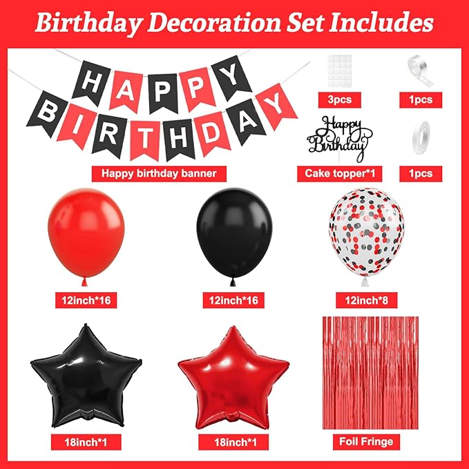 Red and Black Party Decorations for Men Women Boys Girls, Red Black Confetti Balloons 'HAPPY BIRTHDAY' Banner Fringe Curtains Foil Balloons Cake Topper for Birthday Party Decor
