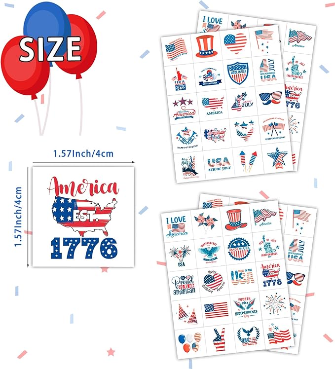 80PCS 4th of July Temporary Tattoos for Teenages & Adults, Patriotic Party Favors, USA Flag, Fireworks, Eagle, Statue of Liberty, Independence Day, Memorial Day, 4th of July Outfits for Women