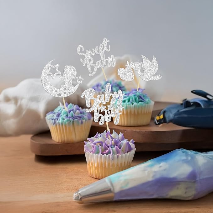 24Pcs Baby Shower Boy Cupcake Toppers Silver Glitter Moon Star Sweet Baby Boy Cupcake Picks Decorations for Gender Reveal Baby Shower Kids Boys Birthday Party Supplies