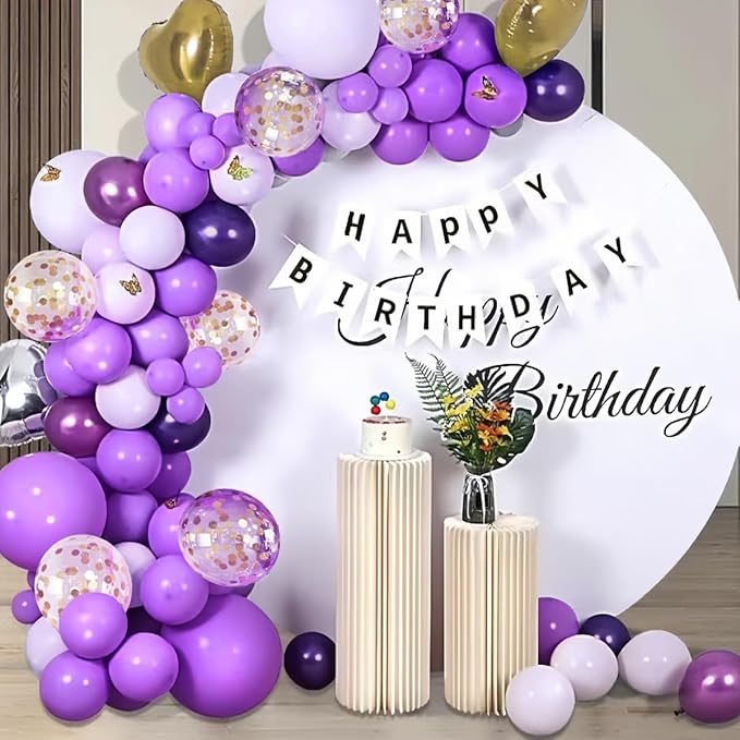 Purple Black and Gold Balloon Arch Kit, 147PCS Latex Balloons Different Sizes 18 12 10 5 inch for Baby Shower Girl Princess Birthday Wedding Engagements Anniversary Party Decoration