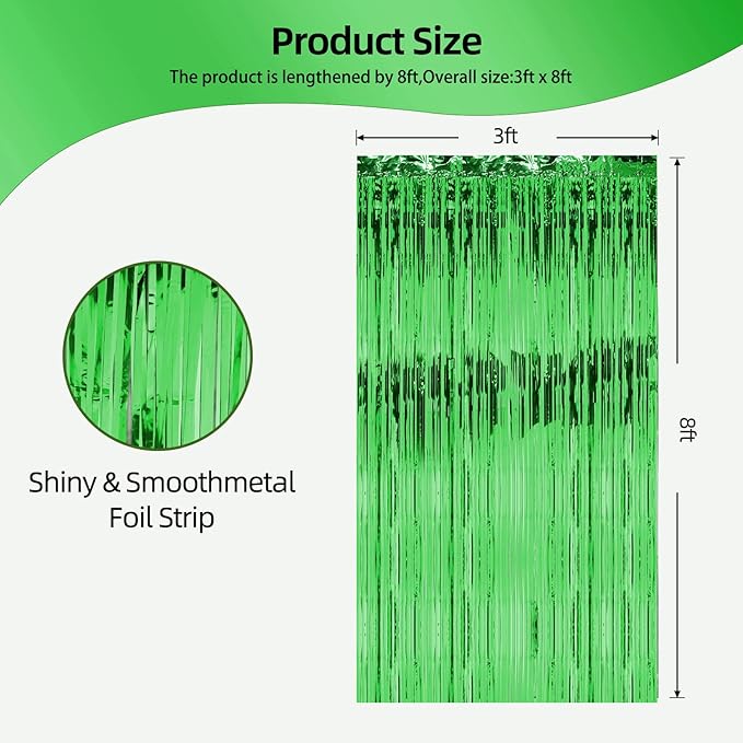 2 Pack 3ft x 8ft Foil Fringe Backdrop Curtain, Metallic Tinsel Foil Fringe Curtains, Party Streamers Backdrop, Baby Shower Birthday Holiday Celebration,Party Decorations (Green)
