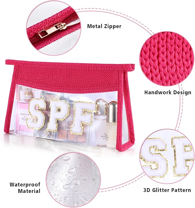 SPF Sunscreen Bag Clear Makeup Bag Chenille Letter SPF Cosmetic Zipper Pouch Summer Beach Essential Cute Toiletry Pouch Travel Accessories Gifts for Women
