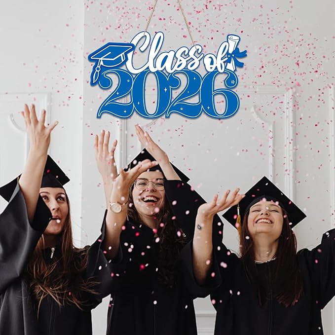 2026 Graduation Signs Decorations, 7 Pcs Class for 2026 Wooden Sign Graduation Party Photo Booth Prop, Wood Cutout High School College Graduation Ceremony Decor Supplies (Blue & White)