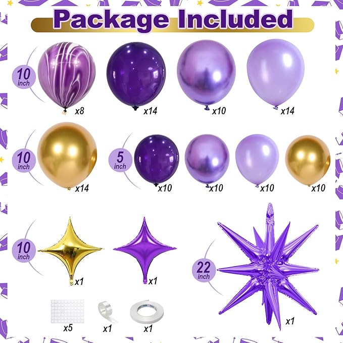 Purple and Gold Balloon Arch Kit Graduation Decorations 2026, 110Pcs Purple Balloon Garland with Explosion Foil Star Metallic Dark Violet Lavender Lilac Birthday Party Balloons for College School Prom