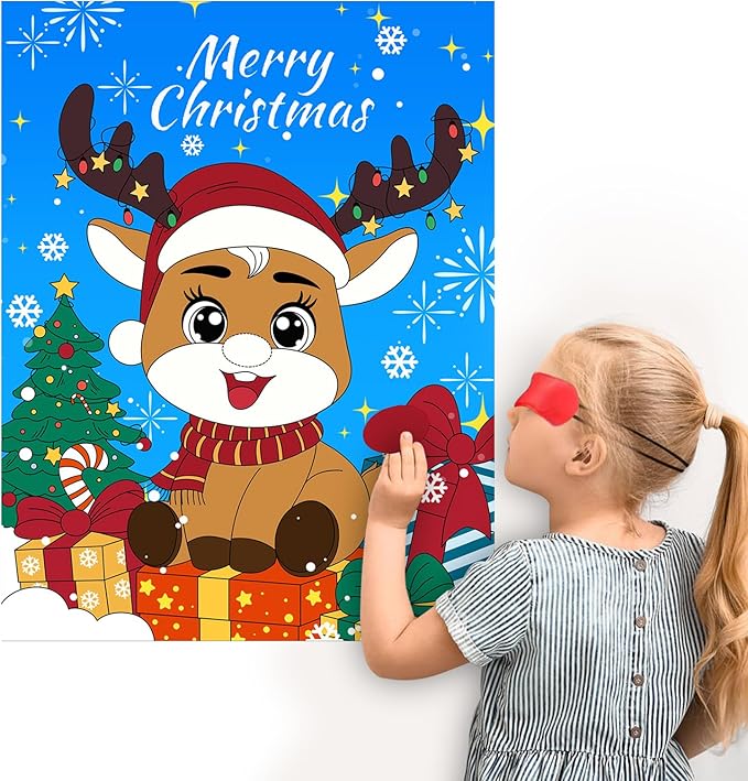 Christmas Games - Pin The Nose on The Reindeer Games for Families Party, Cute Indoor Christmas Home Decor Party Decorations, Xmas Activities Presents Holiday Decor, Blue