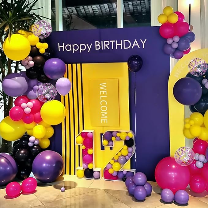 Hot Pink Purple Black Yellow Baloon Garland Arch Kit, 146Pcs Latex Balloons Different Sizes 18 12 10 5 inch for Birthday Wedding Graduation Engagement Party Decorations