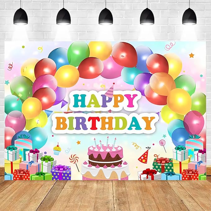 RTN Balloons Happy Birthday Party Backdrop Gifts Birthday Cake Table Background Decoration Rainbow Balloon Sweet Candy Photocall Vinyl