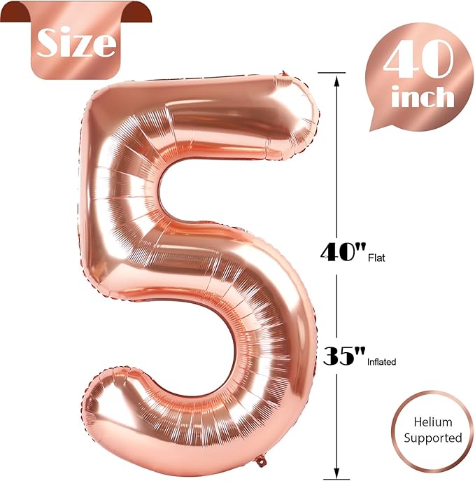 Rose Gold Number 5 Balloon 40 Inch, 5 Balloon Number, 5th Birthday Decorations, Rose Gold Party Supplies for Boys Girls