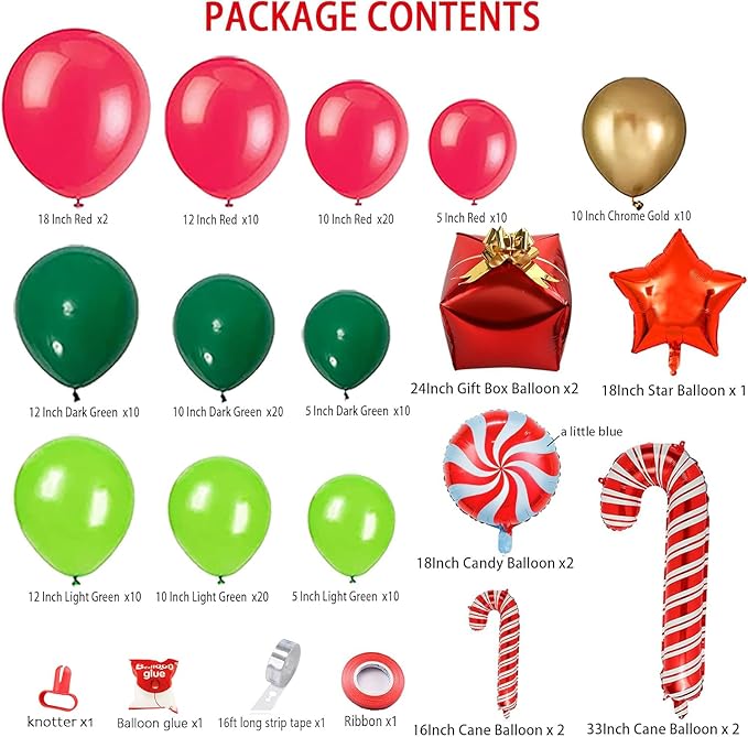 Leesoot Christmas Balloons Arch Decorations 144pcs Red Green Gold Balloons for Party Gift Star Candy Cane Balloons Indoor Outdoor Decor Christmas Balloon Garland Arch Kit