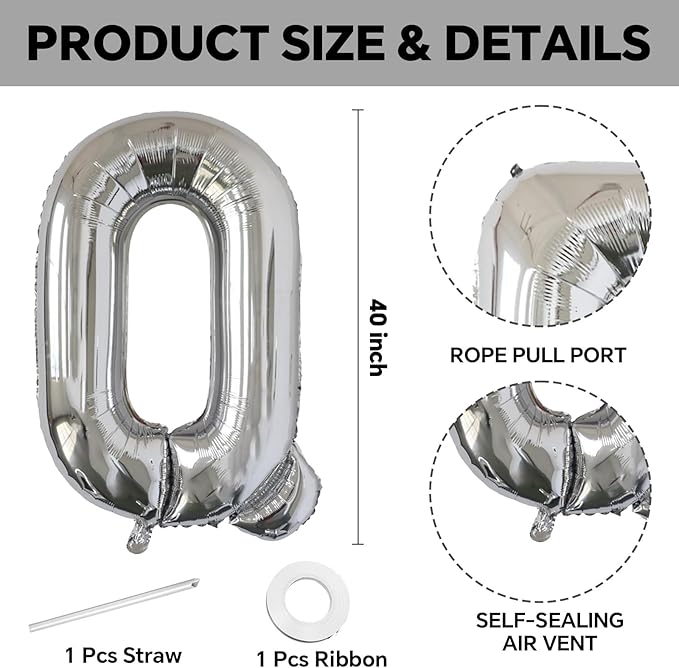KALOR 40 Inch Silver Letter Q Balloons Jumbo Foil Mylar Helium Big Balloons for Birthday Party Anniversary Baby Shower Supplies