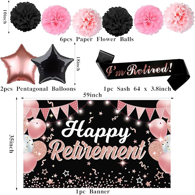 22Pcs Rose Gold Retirement Party Decorations for Women, Happy Retirement Banner, Poster, Sash, Balloons, Honeycomb Centerpieces - Retirement Party Supplies for Farewell Goodbye Party